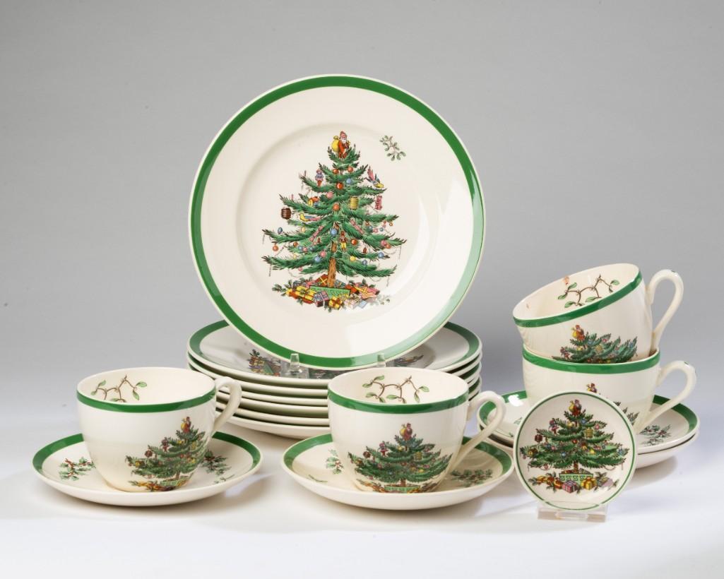 Spode Christmas Tree Dishes.: Four teacups and saucers, seven 7 3/4 inche plates, one 2 7/8 inch cup plate.