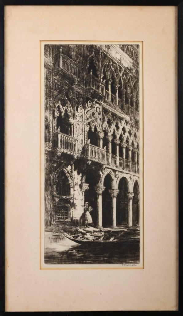 Sidney Tushingham. Two Venetian Etchings.: "Fish Market Venice" and "Street of Arches," each 15 1/2 x 7 1/4 inches, sight and pencil signed l.r.