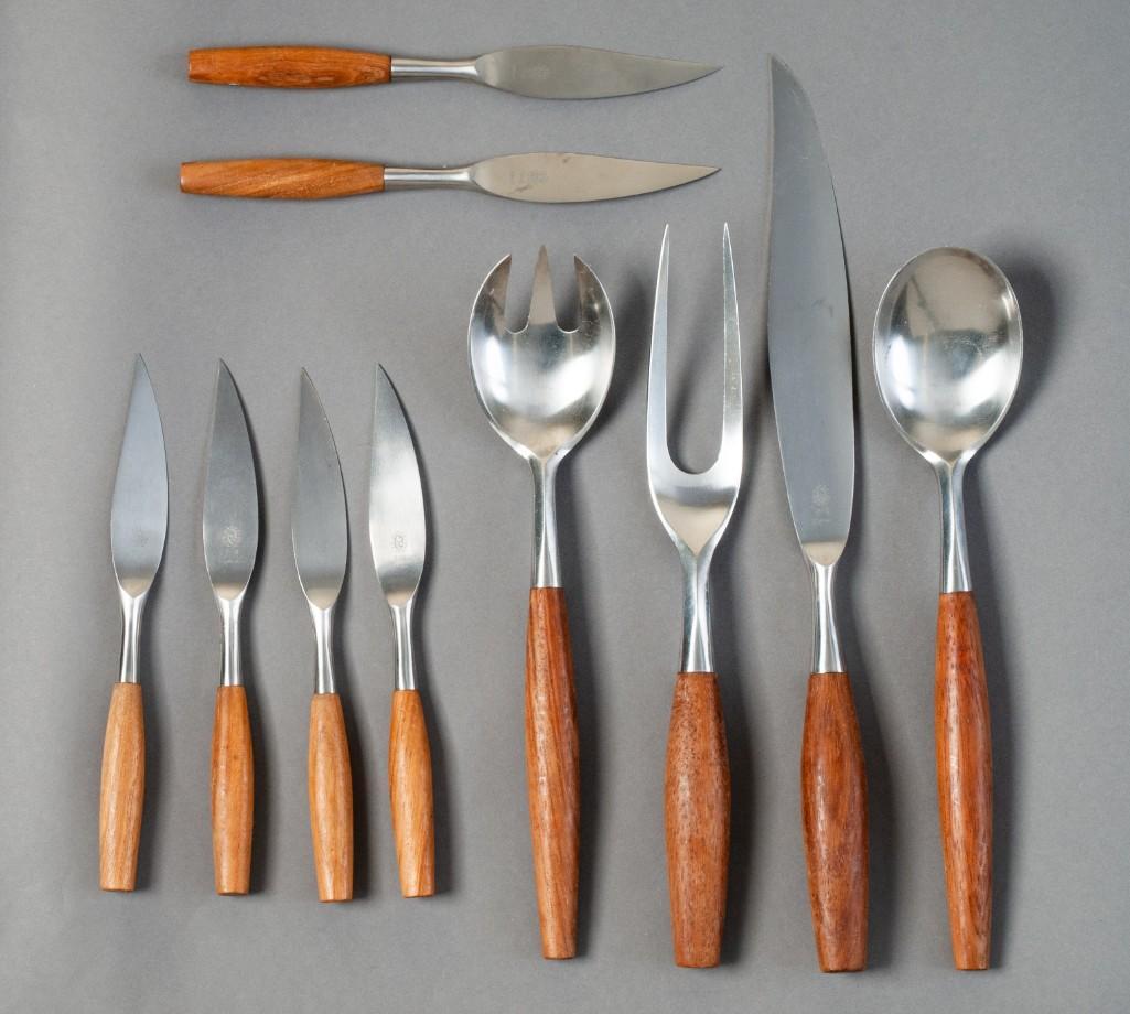 Dansk Fjord Flatware by Jens Quistgaard.: Including a carving knife and fork, salad spoons, and six steak knives. Detailed condition reports are available upon request. Due to the current stay at home order, in-person preview will not be avai