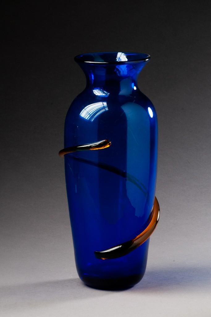 Richard Blenko Cobalt Blue Art Glass Vase: Height 11 1/2 inches, signed and dated 2000. Detailed condition reports are available upon request. Due to the current stay at home order, in-person preview will not be available until May 1 Items may