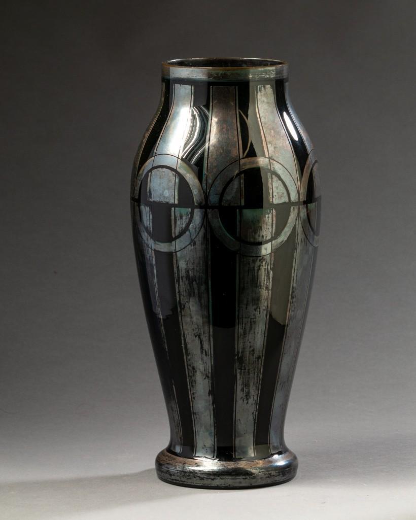 Large Czech Art Deco Silver Overlay Glass Vase.: Height 13 inches. Detailed condition reports are available upon request. Due to the current stay at home order, in-person preview will not be available until May 1 Items may be picked up at our Freepo