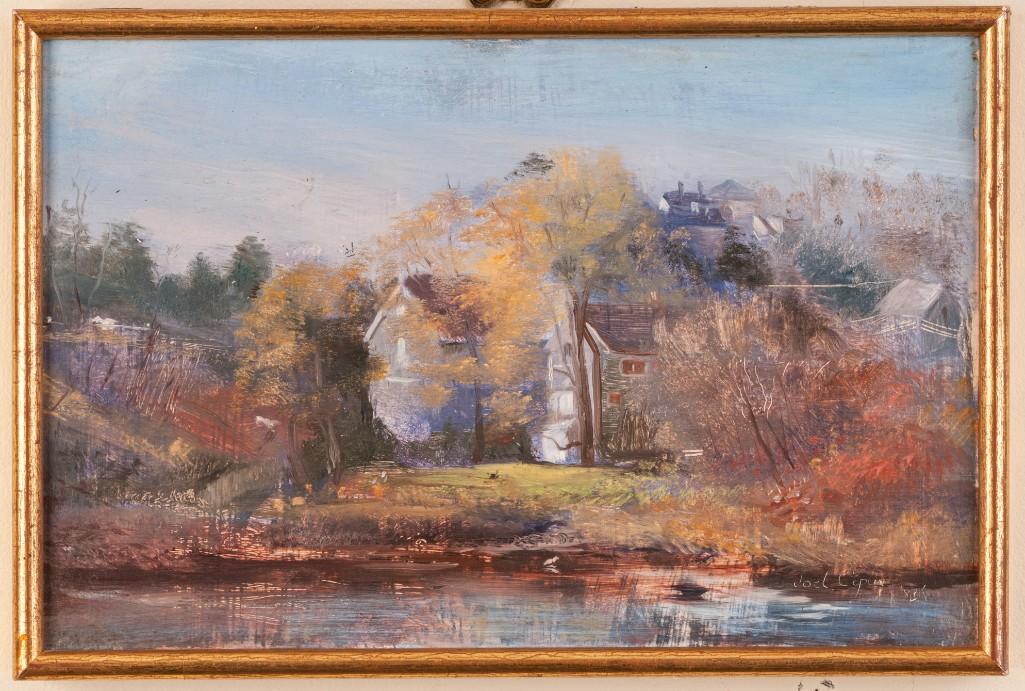 Joel Coplin (B. 1954). Waterfront Homes, Autumn.: Oil on plywood, 8 1/2 x 12 3/4 inches. Signed lower right. Detailed condition reports are available upon request. Due to the current stay at home order, in-person preview will not be available until M
