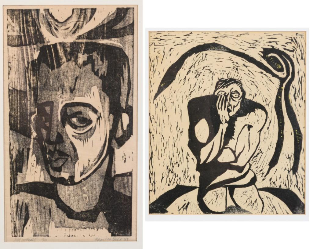 Two Expressionist Wood Block Prints.: The first, 10 x 8 3/4 inches, sight. The second, a self portrait by Charles Gill, 15 x 8 1/2 inches, sight. Detailed condition reports are available upon request. Due to the current stay at home order