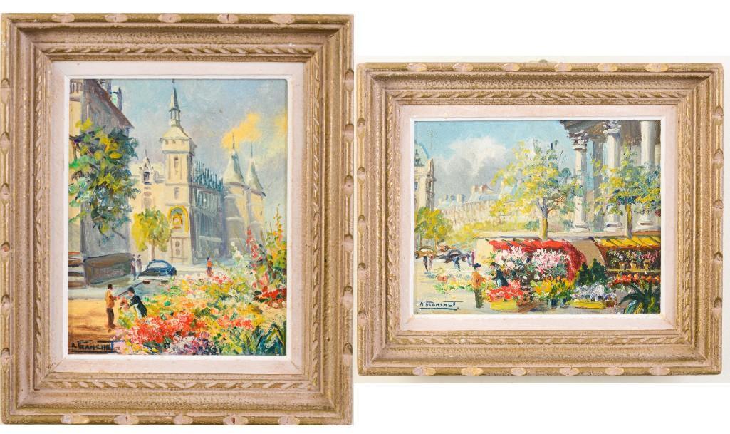 Andre Franchet (1896-1961). Two Views of Paris.: Each oil on canvas, 7 1/2 x 9 1/2 inches. Detailed condition reports are available upon request. Due to the current stay at home order, in-person preview will not be available until May 1 Items may be
