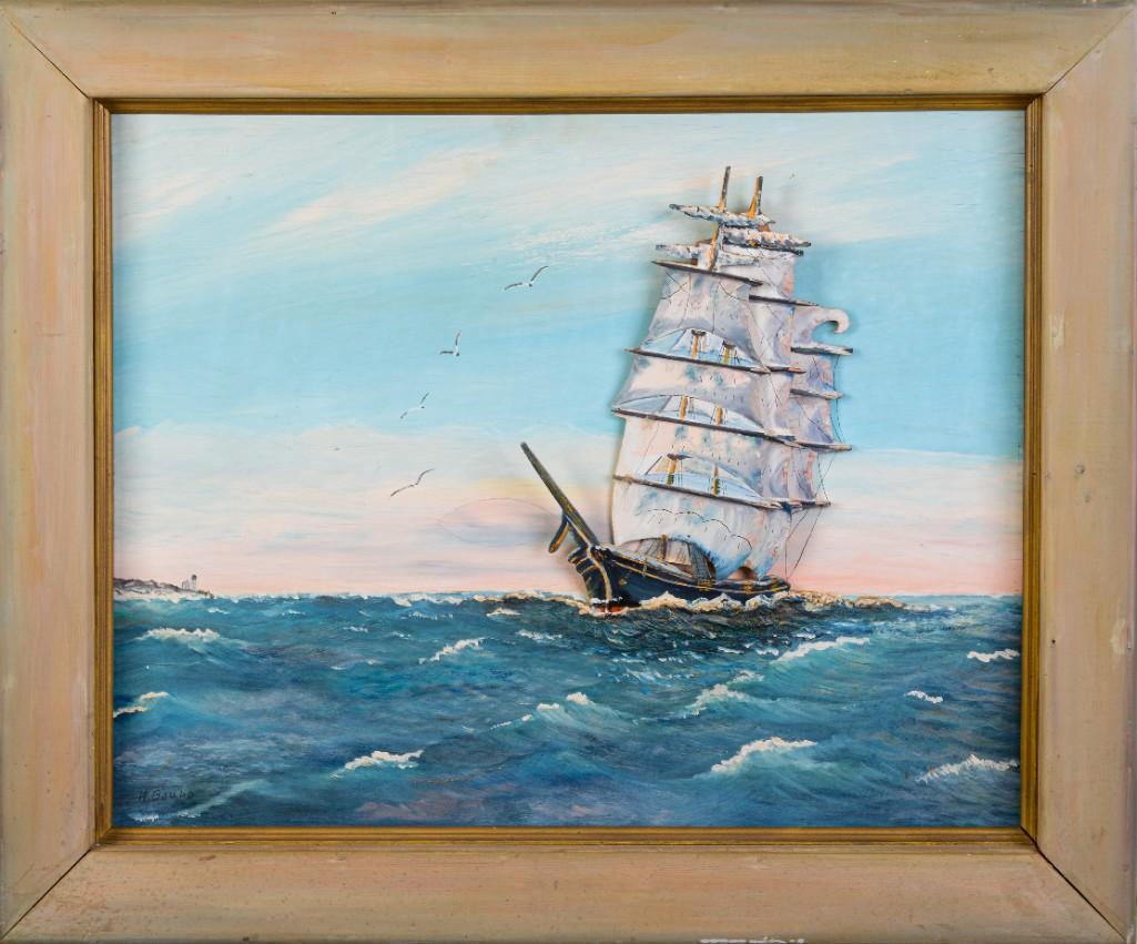Twentieth Century Ship Diorama.: Overall size 30 1/2 x 37 inches. Signed W. Gould lower left. Detailed condition reports are available upon request. Due to the current stay at home order, in-person preview will not be available until