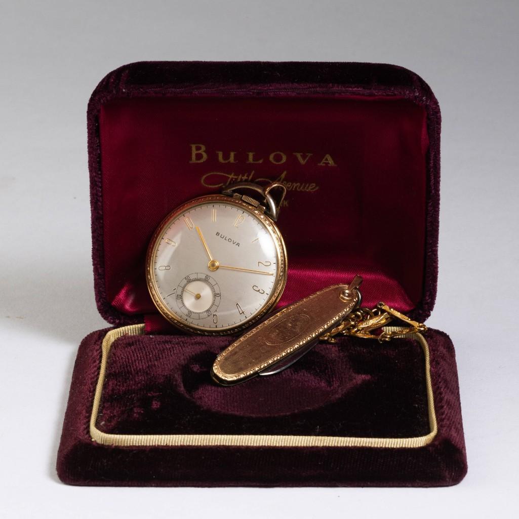 Bulova 17 Jewel Open Face Pocket Watch.: With chain and knife in original box. The knife and watch monogrammed G.W.D. Detailed condition reports are available upon request. Due to the current stay at home order, in-person preview will not be