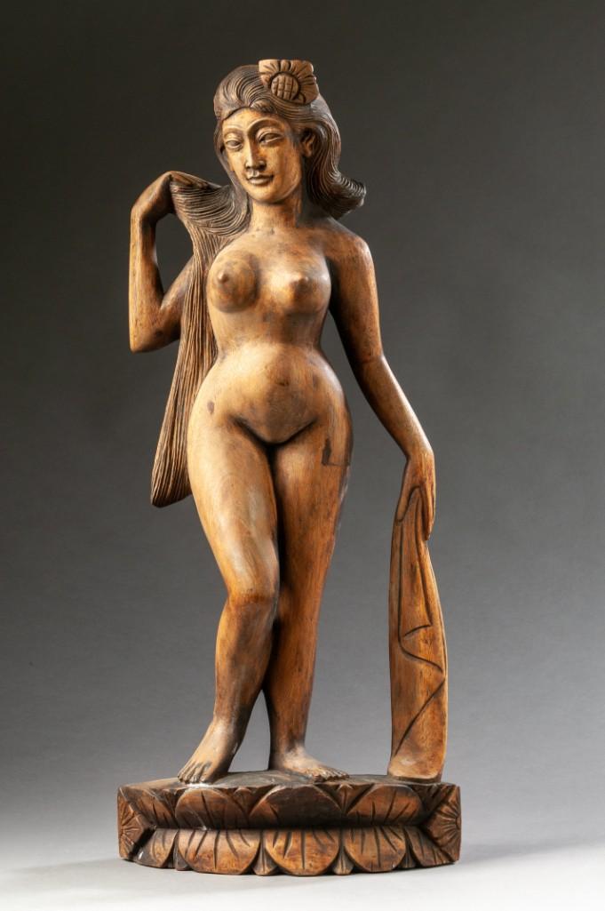 Balinese Carved Nude Figure.: Height 25 inches. Detailed condition reports are available upon request. Due to the current stay at home order, in-person preview will not be available until May 1 Items may be picked up at our Freepo