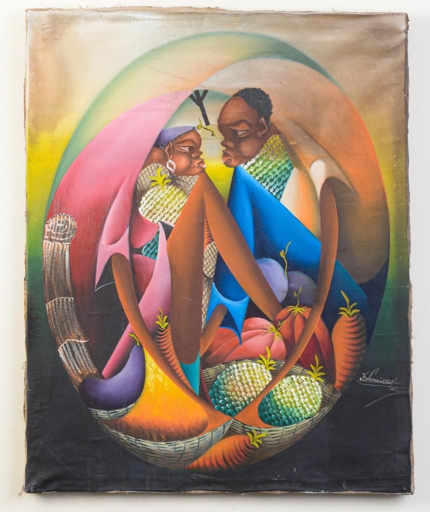 Jean Claude Louissaint. Haitian Couple.: Oil on canvas, 30 x 24 inches, unframed. Signed lower right. Detailed condition reports are available upon request. Due to the current stay at home order, in-person preview will not be available until
