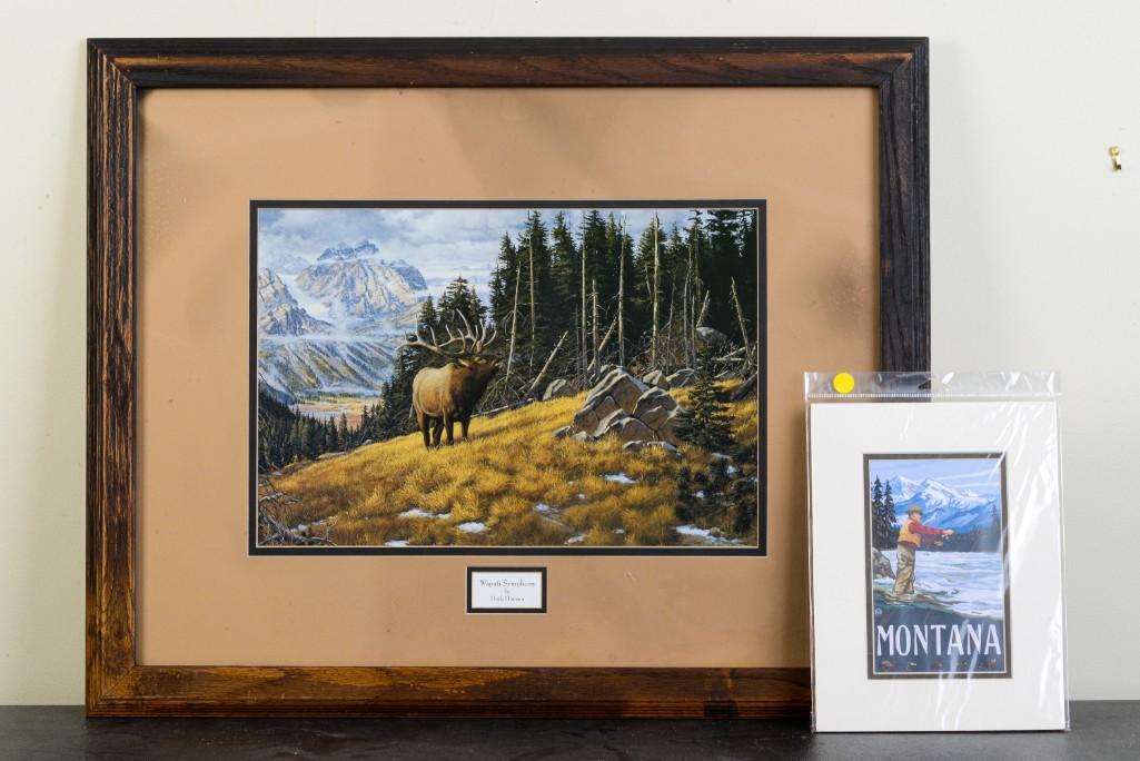 Derek Hansen Wapati Symphony Print.: 12 x 18 inches, sight. Smoke damage to frame and mat, print condition good. Together with a Montana fly fishing print. Detailed condition reports are available upon request. Due to the current stay at