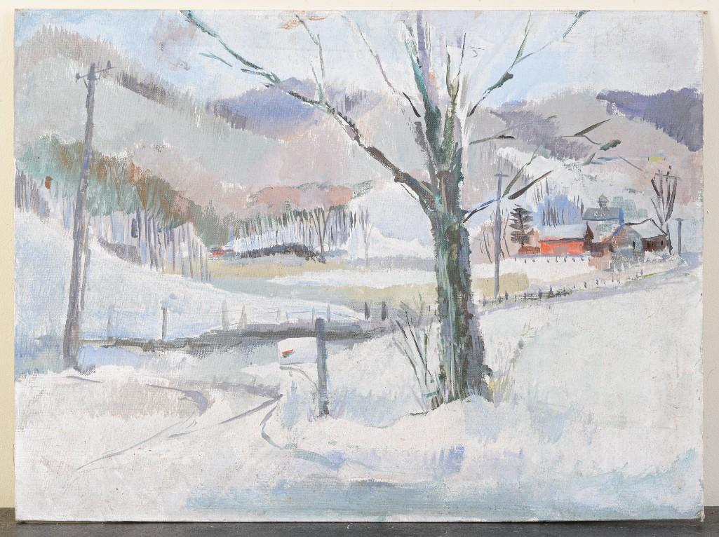 Edgar Batzell. Winter Farmhouse.: Oil on board, 18 x 24 inches. Detailed condition reports are available upon request. Due to the current stay at home order, in-person preview will not be available until May 1 Items may be picked up a
