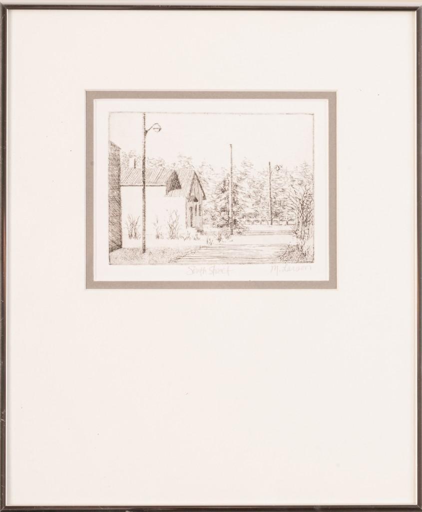 M. Larson. South Street, Freeport.: Etching on paper, 4 1/4 x 5 1/2 inches, sight. Pencil signed l.r. Detailed condition reports are available upon request. Due to the current stay at home order, in-person preview will not be available 