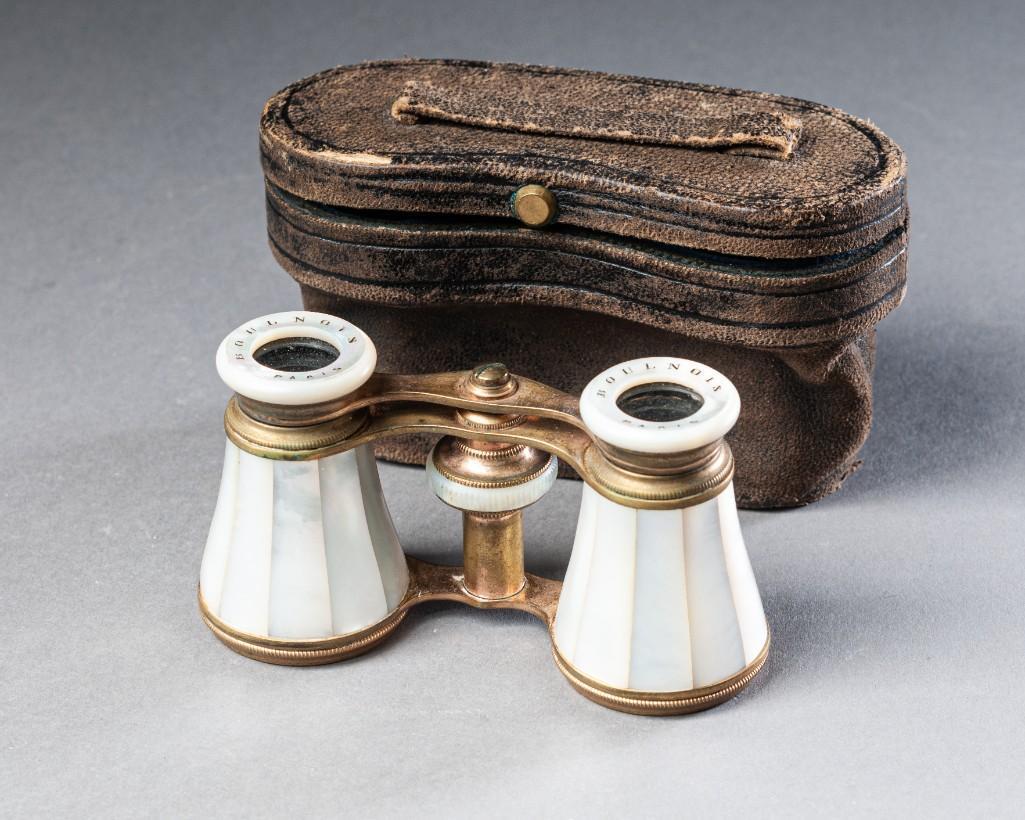 Mother of Pearl Opera Glasses.: By Boulnois, Paris. Width 4 inches, Detailed condition reports are available upon request. Due to the current stay at home order, in-person preview will not be available until May 1 Items may be picke