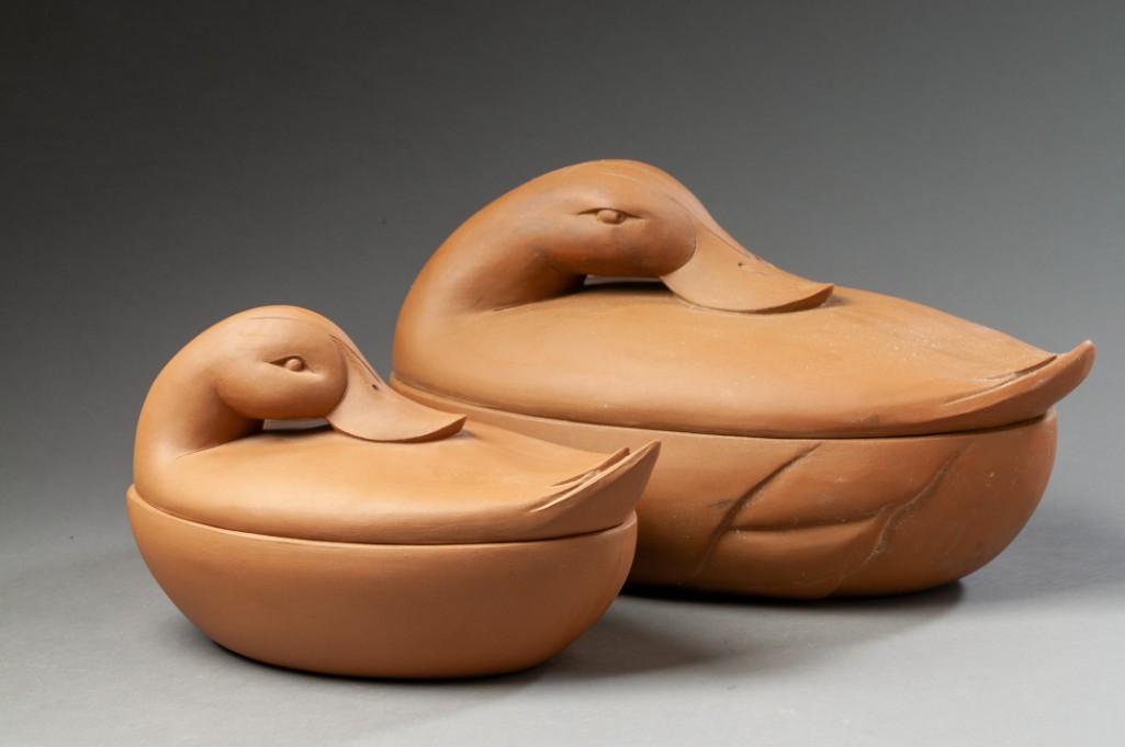 Two Vintage Monty Smith Studio Pottery Duck Tureens.: Lengths 14 and 11 inches. Detailed condition reports are available upon request. Due to the current stay at home order, in-person preview will not be available until May 1 Items may be picked up at ou