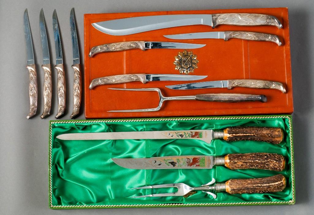 Two Vintage Carving Sets.: Including a set with raised ducks on the handles, and a Sears & Roebuck Solingen-Germany stainless with bone handles set. Both in original boxes. Detailed condition reports are available upon request.