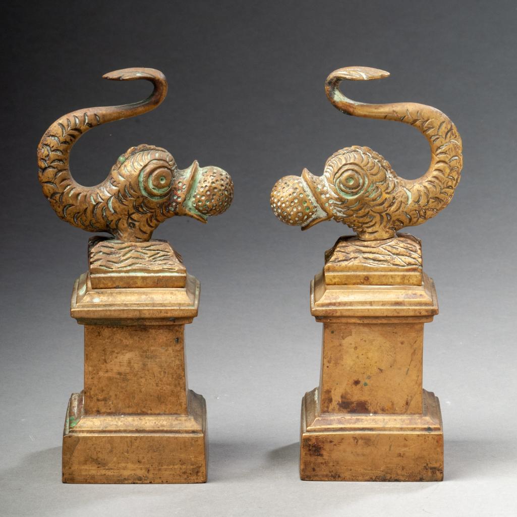 Pair of Bronze Dolphin Mantle Ornaments.: 19th century, height 7 1/2 inches.