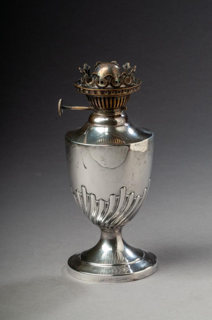English Sterling Oil Lamp.: William Hotton & Sons, 1891, height 7 3/4 inches.