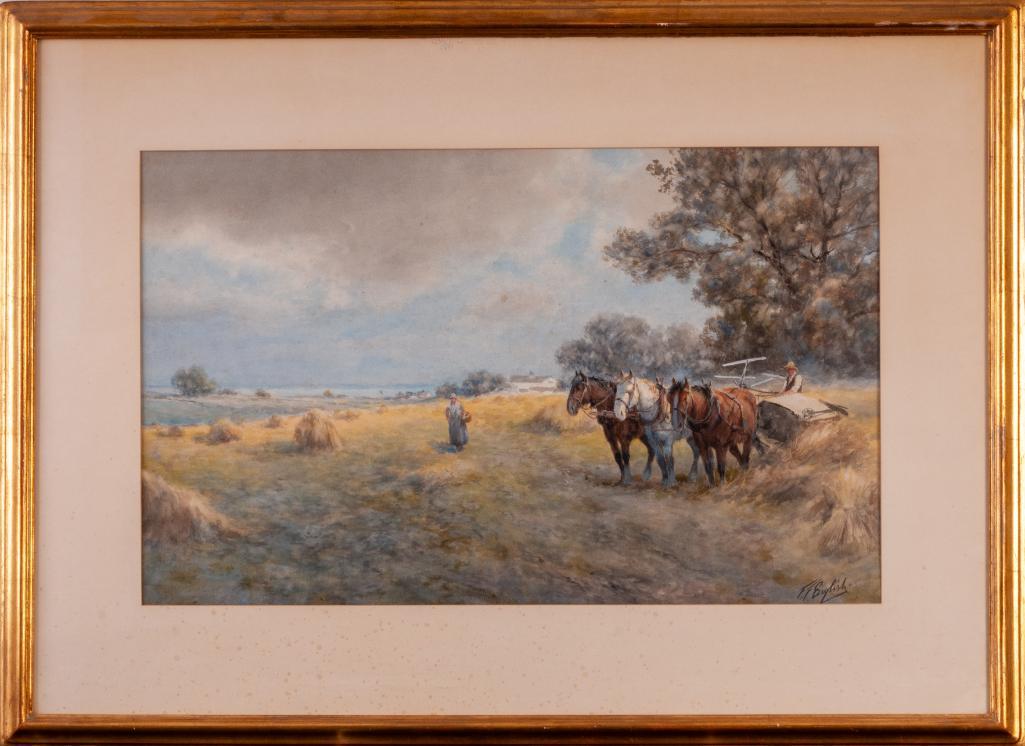 Frank English (1854 - 1922). Hay Harvest.: Watercolor on paper, 16 1/4 x 26 1/2 inches, sight, signed lower right. Frame 27 1/2 x 37 1/2 inches. Due to the challenges of shipping large paintings with glass, in house shipping is not available f