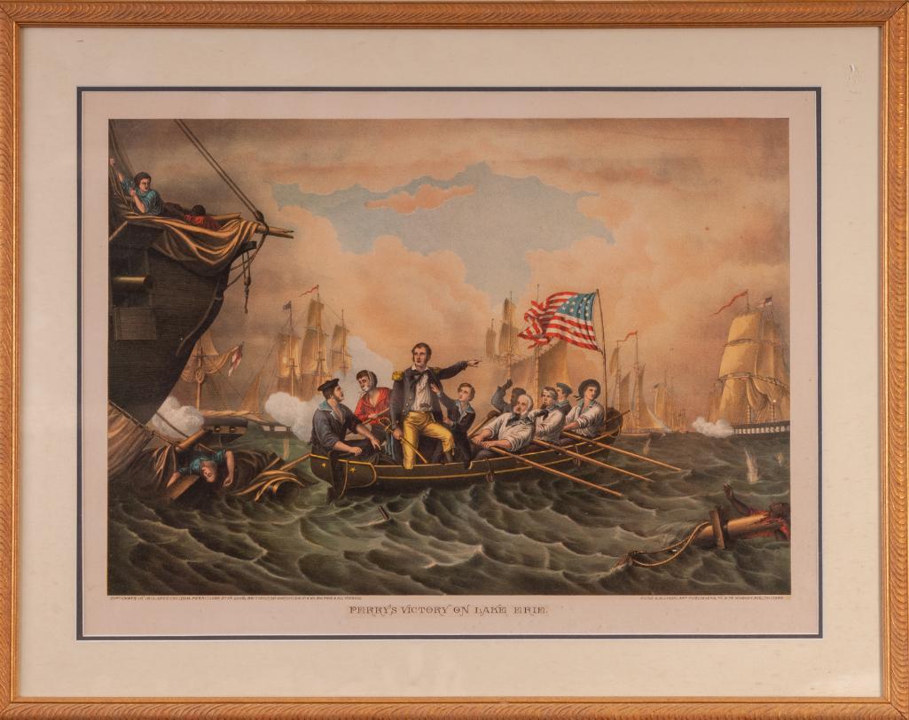 Kurz & Allison Lithograph. "Perry's Victory on Lake: Handcolored lithograph, 20 x 27 inches, sight. Double matted, frame 26 1/2 x 33 1/2 inches. Due to the challenges of shipping large paintings with glass, in house shipping is not available for this it