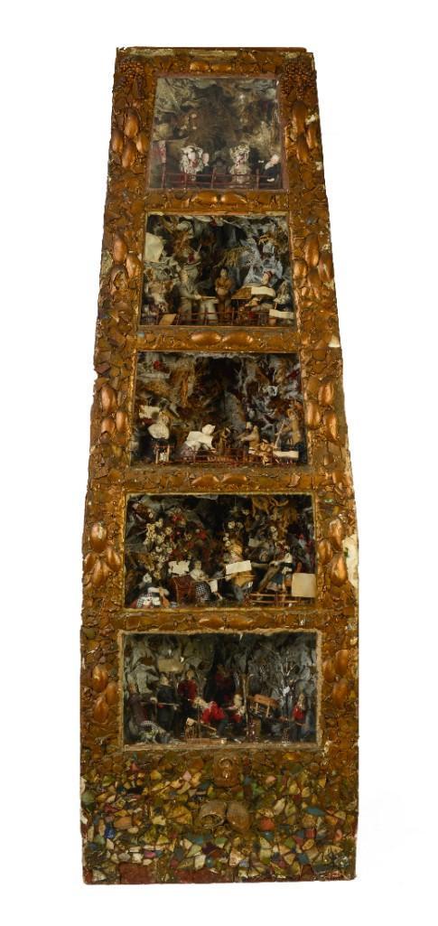Canadian Folk Art Diorama Corner Cupboard.: Depicting five occupational scenes, the top scene with nobility, the next wheat winnowing, followed by wheat harvest, a gardening scene, and the bottom scene depicting logging. Overall height 84 inche