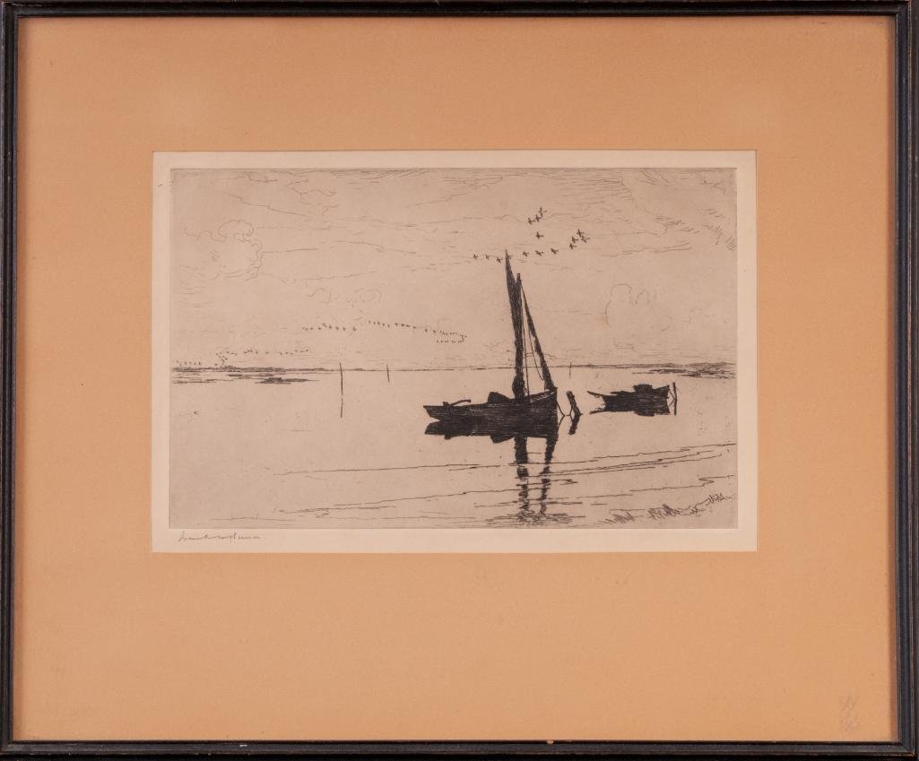 Frank Weston Benson. Off Pea Island.: Etching on paper, 7 1/2 x 11 1/2 inches, sight. Together with Birds in Flight, lithograph on paper, 18 xx 22 inches. Each pencil signed, lower left.