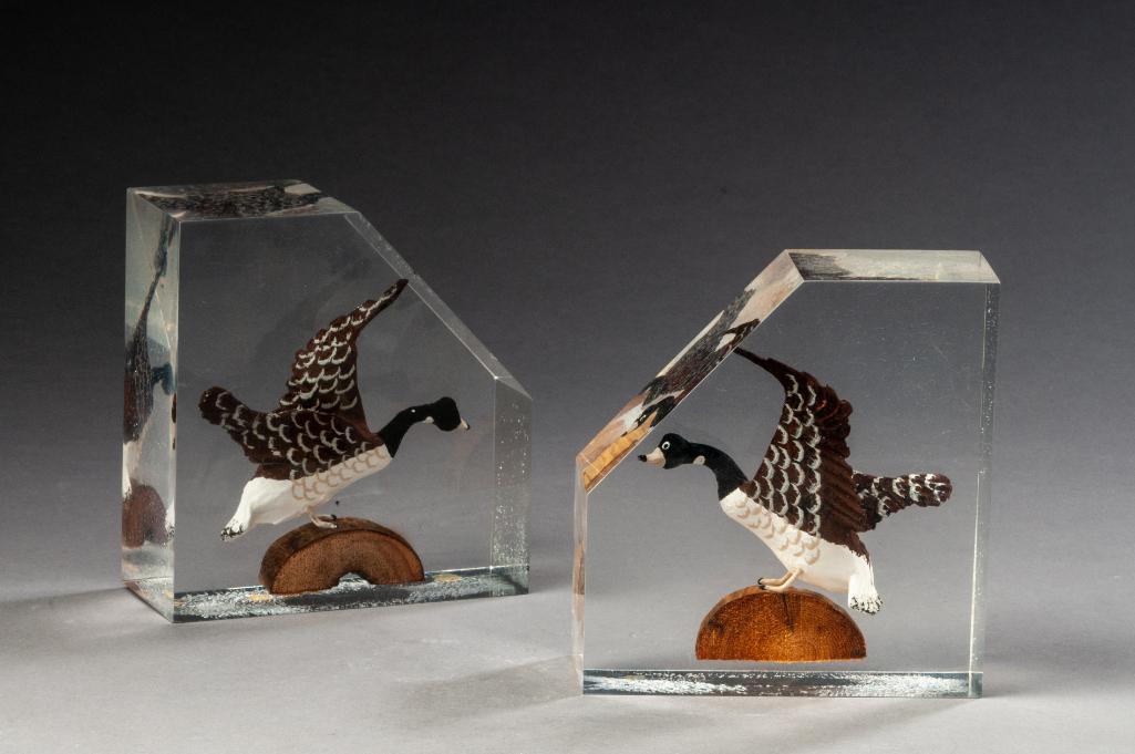 Pair of Lucite Abercrombie & Fitch Canada Goose: Height 5 3/8 inches.
