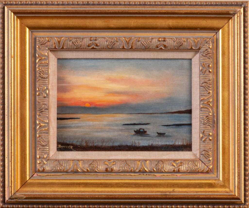 Small Maine Sunset Painting.: Oil on board, 5x7 inches. Signed Bouvier. In a gilt frame, 10 x 12 inches. Inner gilt lining of frame has been broken and reglued.