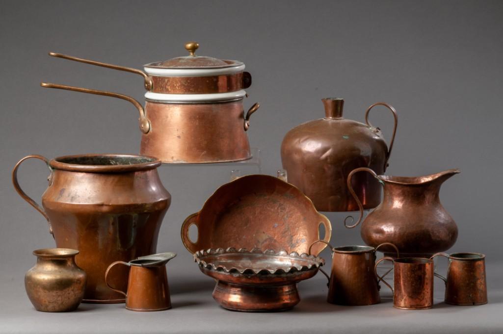 Group of Copper Items.: A double boiler, height 7 inches. Handled jug, height 9 inches. 1/2 pint measure, two small mugs, double handled mug, a kettle, hammered copper pitcher, hammered copper two handled bowl, and a bowl wi