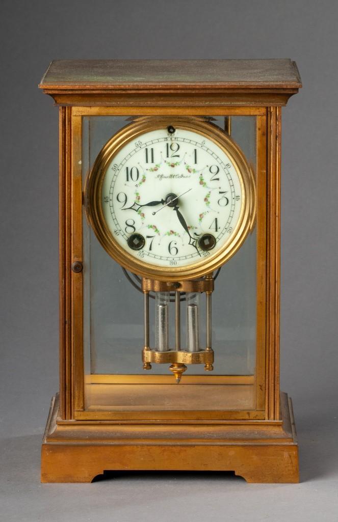 A. Stowell Brass Mantle Clock.: Seth Thomas Works, height 10 7/8 inches, width 7 inches, depth 5 1/2 inches. Not tested for operation.