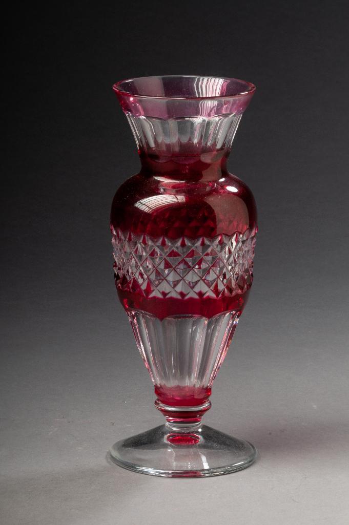 Val Saint Lambert Cranberry Cut to Clear Glass Vase.: With original foil label, height 8 1/2 inches.