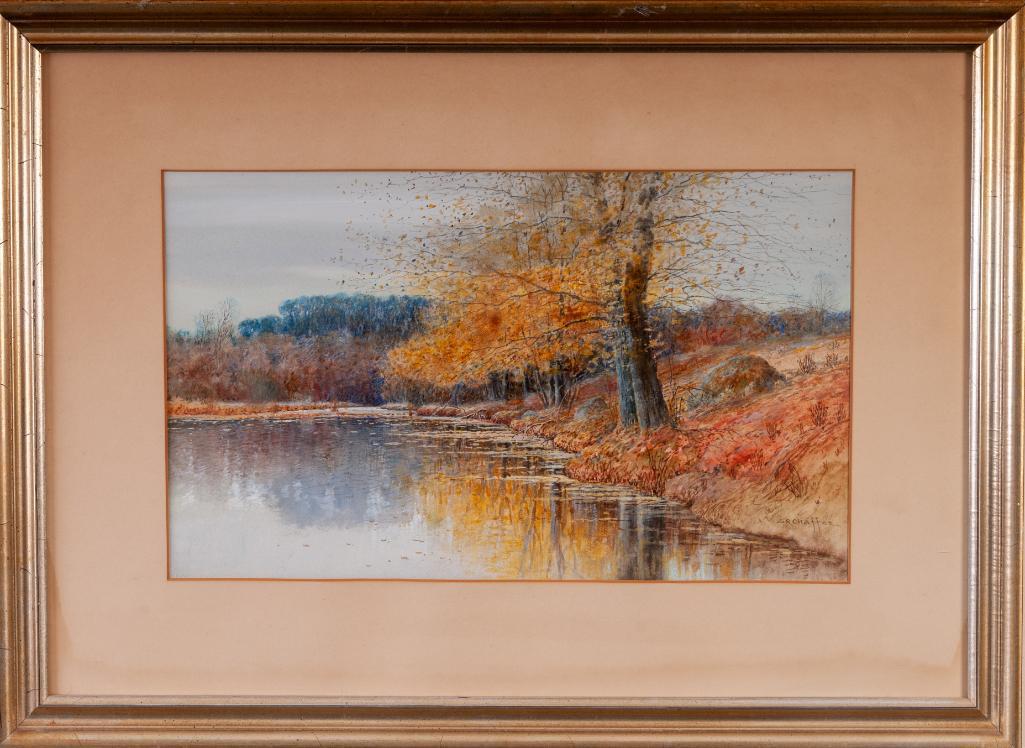 Samuel R. Chaffee (1850-1913). Autumn River.: Watercolor on paper, 11 1/2 x 19 1/4 inches, sight. Frame 21 1/4 x 29 inches. Due to the challenges of shipping large paintings with glass, in house shipping is not available for this item. Depending