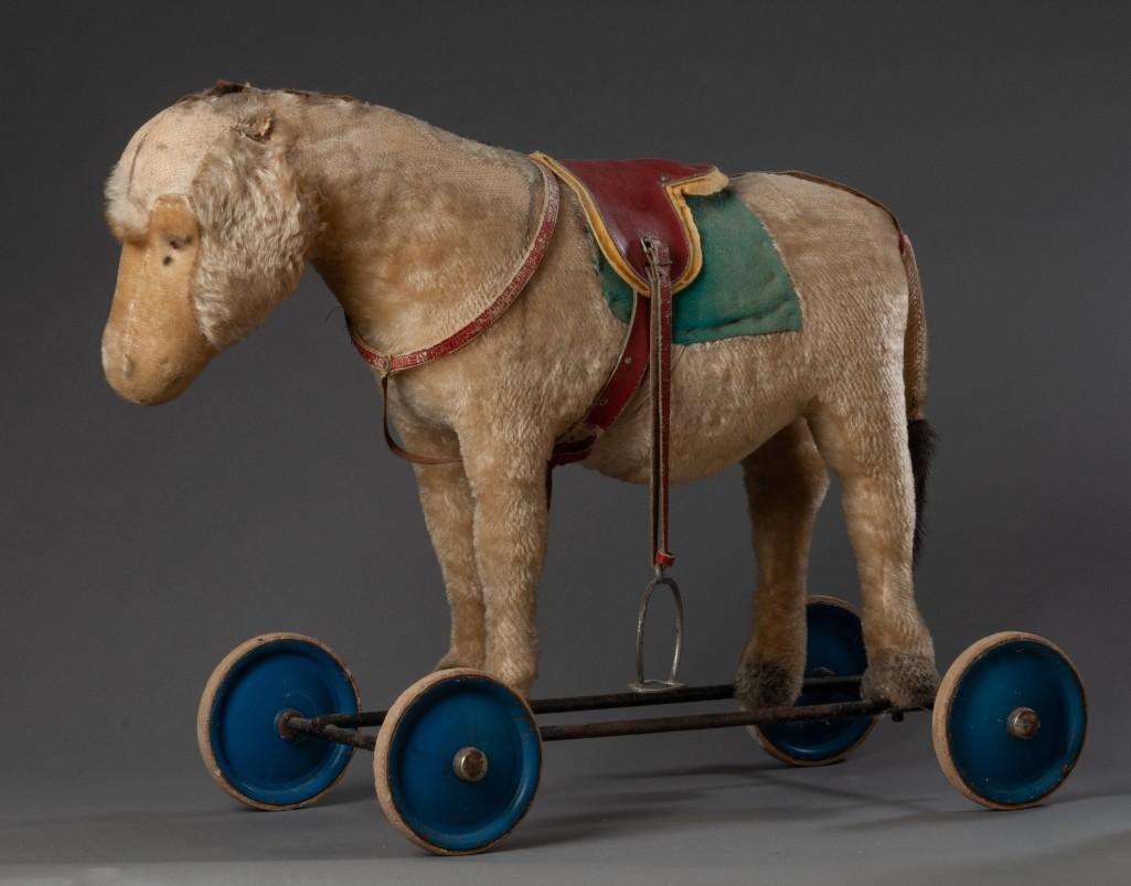 Mohair Donkey Pull Toy.: Height 19 inches, length 26 inches.