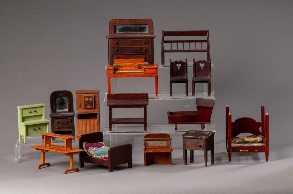 Large Collection of Dollhouse Furniture.: Over 40 pieces total. Including a Shaker table and two benches with label for Pirie of Bow NH. Part illustrated, entire lot is available for preview at 31 Main Street, Freeport, Maine.