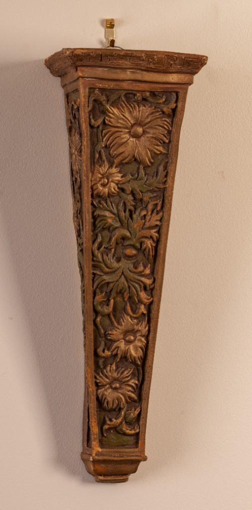 Pair of Floral Motif Ceramic Wall Bracket Shelfs.: Height 17 1/2 inches, top 5 1/2 x 4 3/4 inches.