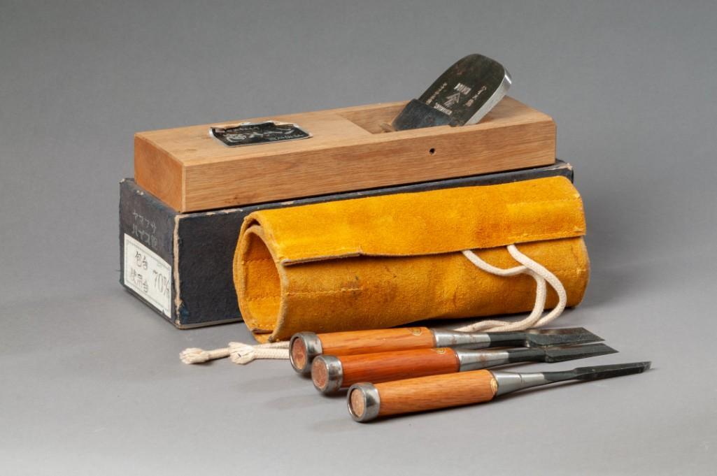 Group of Japanese Tools.: A hand plane by Miki, length 11 1/4 inches, and three chisels, 1", 1/2" and 1/4".
