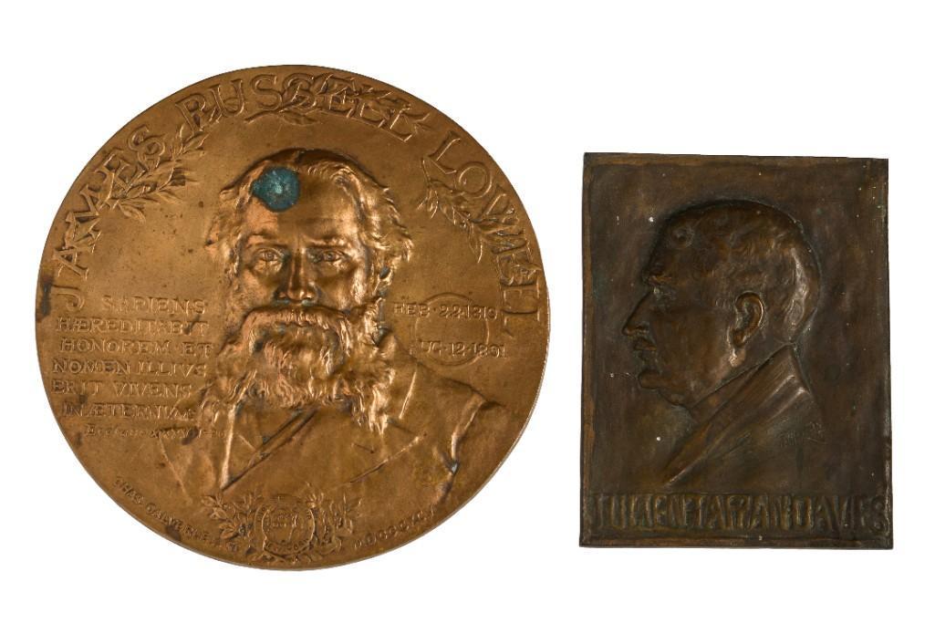 Two Bronze Plaques of Authors.: James Russell Lovell by CharlesÂ Calverley, diameter 6 3/4 inches. Julien Tappan Davies, 5 1/4 x 4 inches.