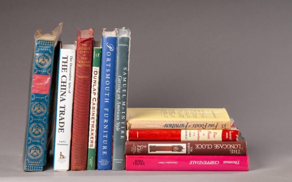 Antiques Reference Library.: Ten books total, including Portsmouth Furniture (signed by Brock Jobe), Thomas Chippendale by Christopher Gilbert, Samuel McIntier: Carving an American Style (new in packaging), The Longcase Clock, Th