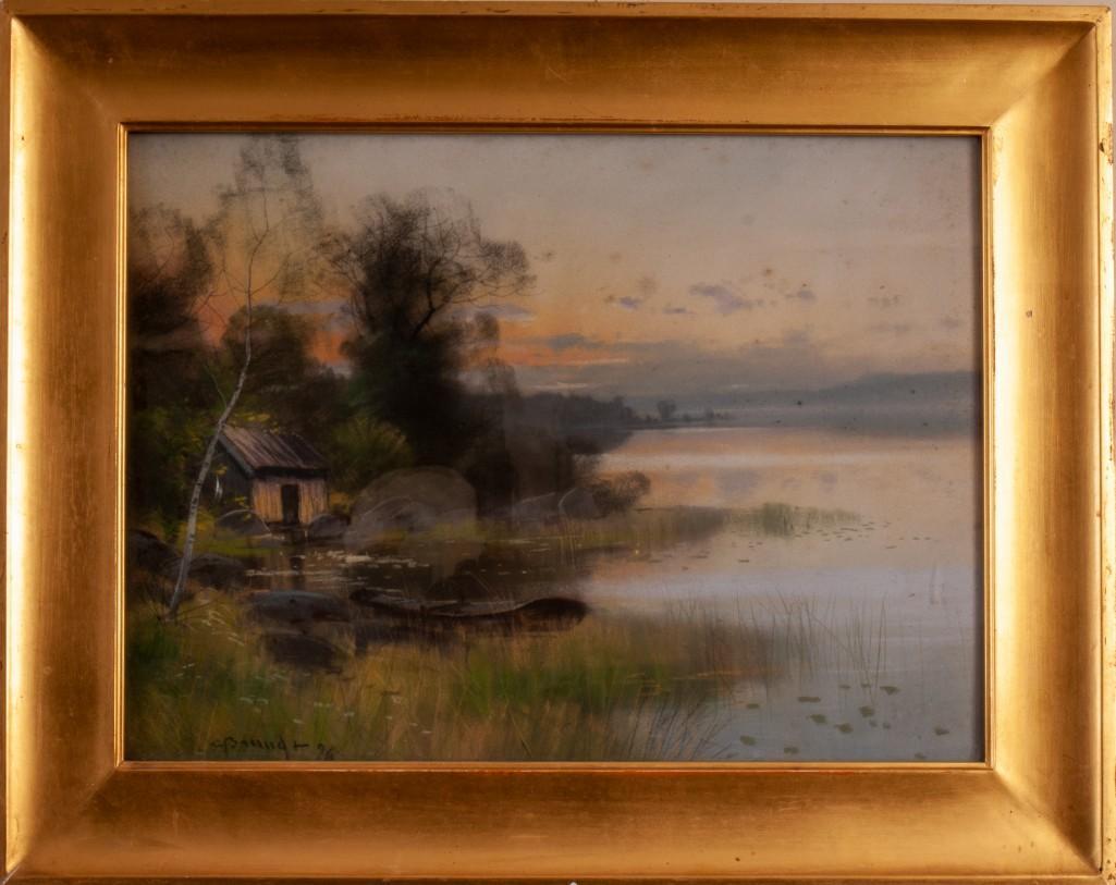Fishing Cabin Sunset.: Pastel on paper, 12 x 17 inches, sight, signed indistinctly and dated 1896 lower left. In a period gilt frame.