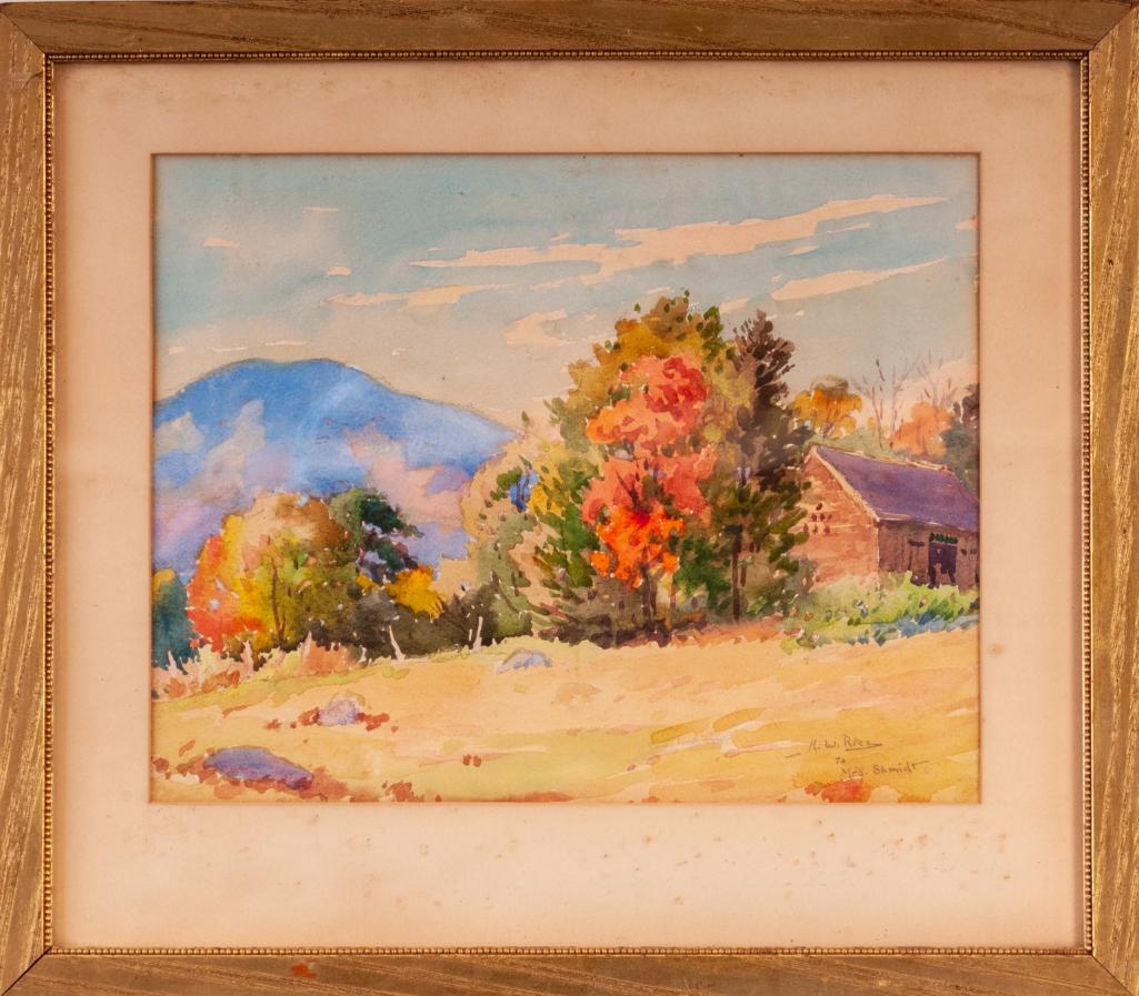 Henry Webster Rice (1853 - 1934). Mountain Autumn.: Watercolor on paper, 10 1/2 x 13 1/4 inches, sight. Signed and inscribed to Mrs. Shmidt lower right. Frame 16 1/4 x 18 3/4 inches.