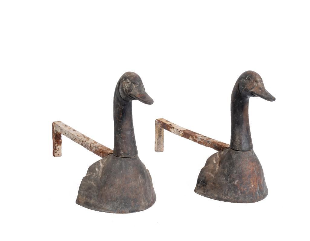 Pair of Figural Canada Goose Andirons.: Cast brass, height 14 1/2 inches.