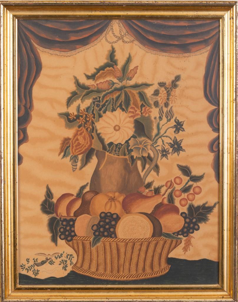 American Fruit and Floral Theorem, 1812.: Watercolor on paper, 21 x 16 inches, in an unusual vertical orientation, dated 1812 in the lower left. Provenance: James D. Julia Inc, August 24-26, 2016, lot 2297.