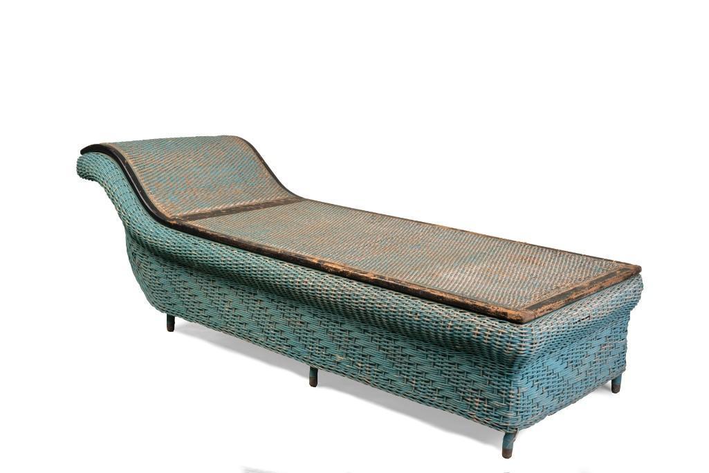 Wicker Daybed in Blue Paint.: Length 74 inches, the seat opening to a storage compartment.