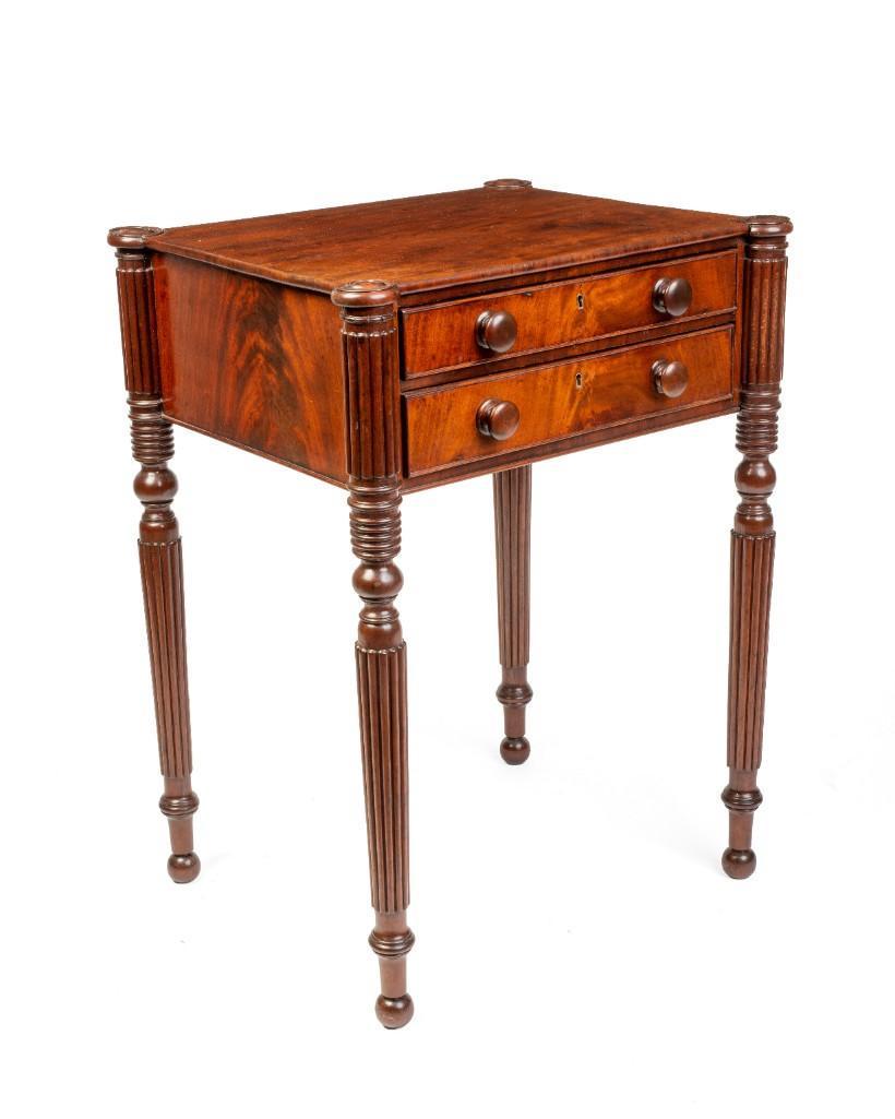 New England Sheraton Two Drawer Work Table.: Height 29 1/4 inches, width 21 1/4 inches, depth 18 inches.