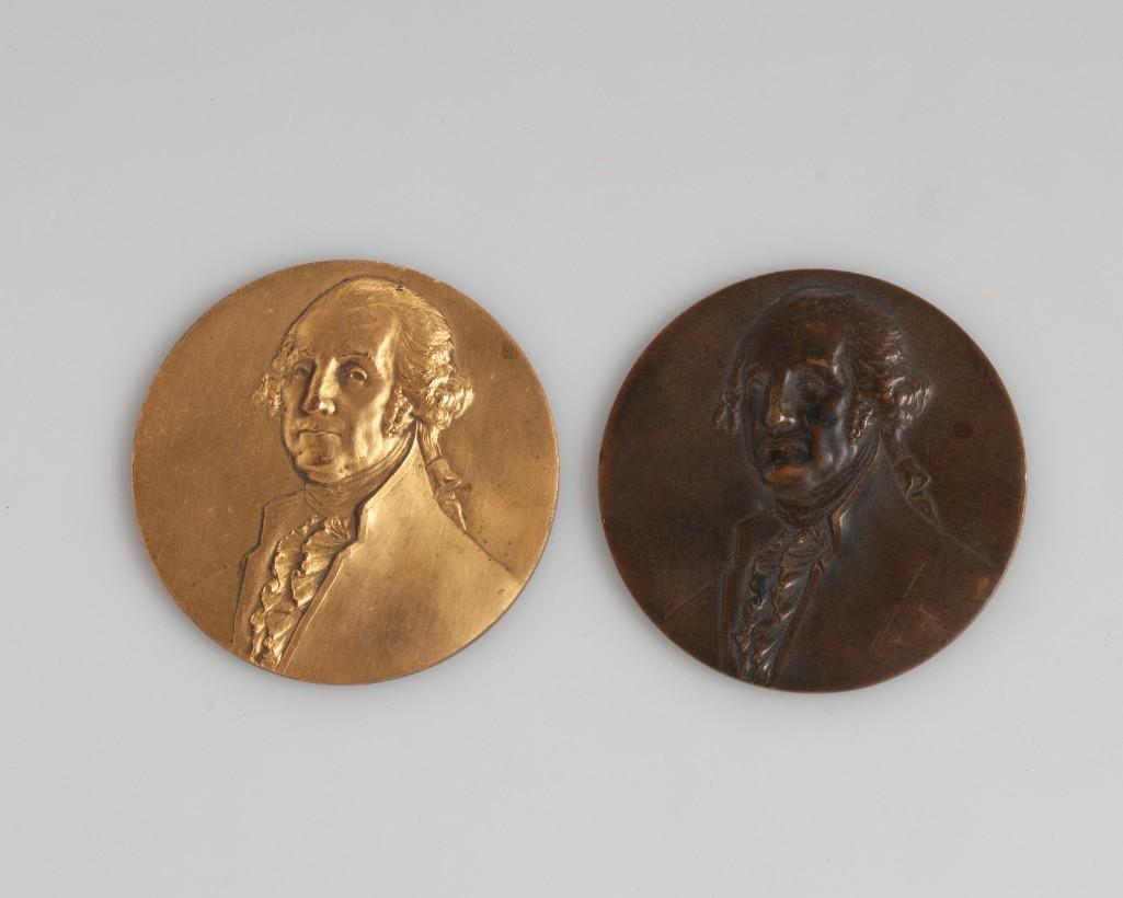 Gilt Bronze George Washington Medallion.: Together with a nearly identical bronze example, Robbins Co., Attleboro, Ma. Diameter of each 2 1/2 inches.