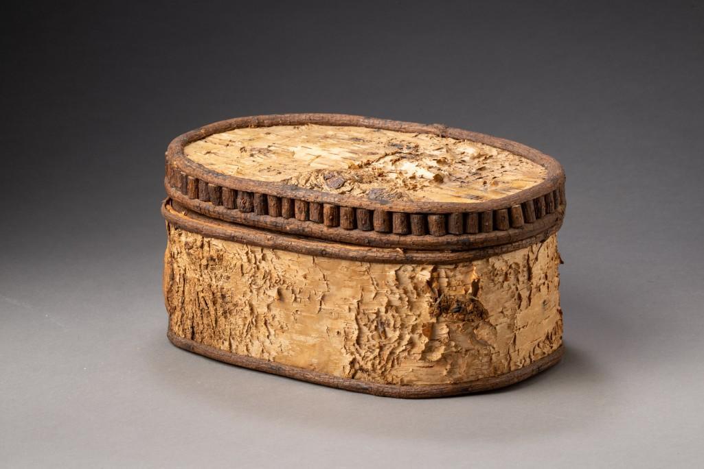 Native American Lidded Birch Bark Box.: Length 12 inches, height 5 3/4 inches.