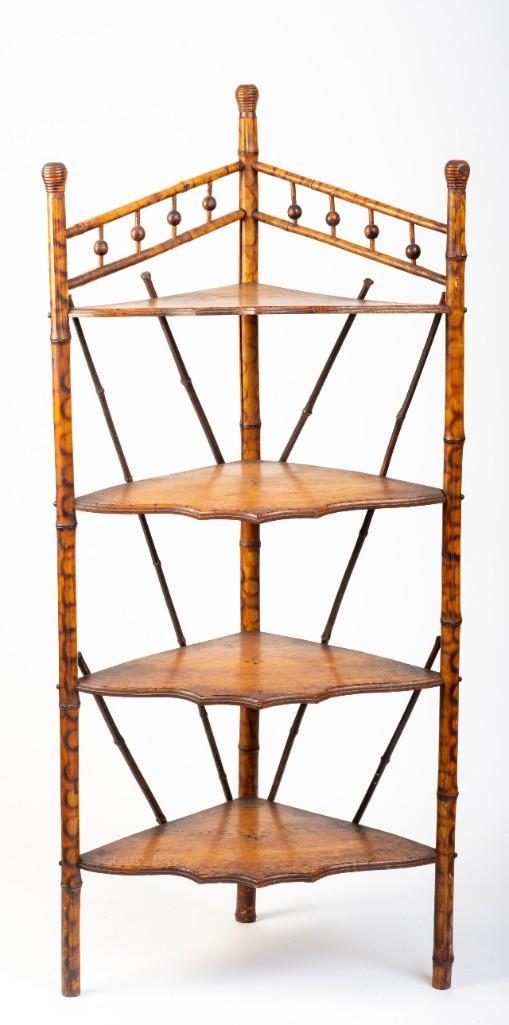 Victorian Bamboo Corner Shelf: Height 49 inches, width 21 1/2 inches, depth 13 1/2 inches.