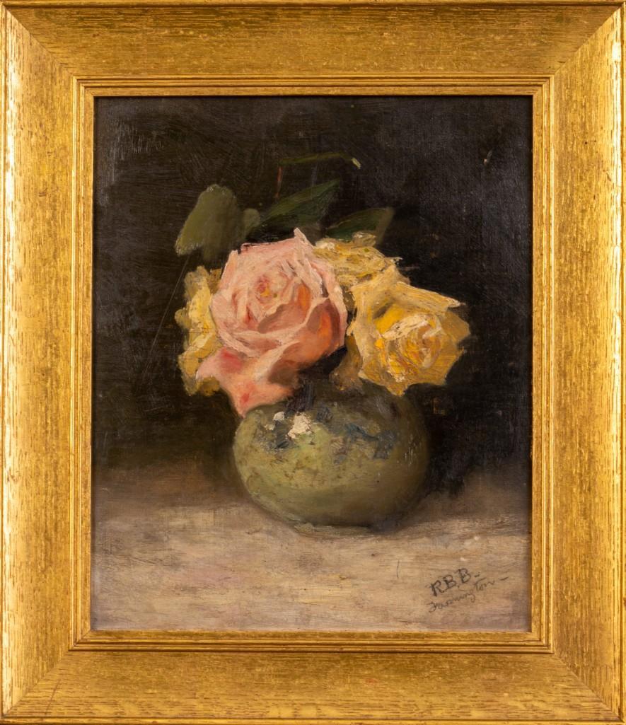 Robbert Bolling Brandegee. Still Life With Flowers.: Robert Bolling Brandegee (Connecticut / New York, 1848-1922). Oil on board, 9 x 11 1/2 inches. Signed R.B.B. Farmington, lower right.