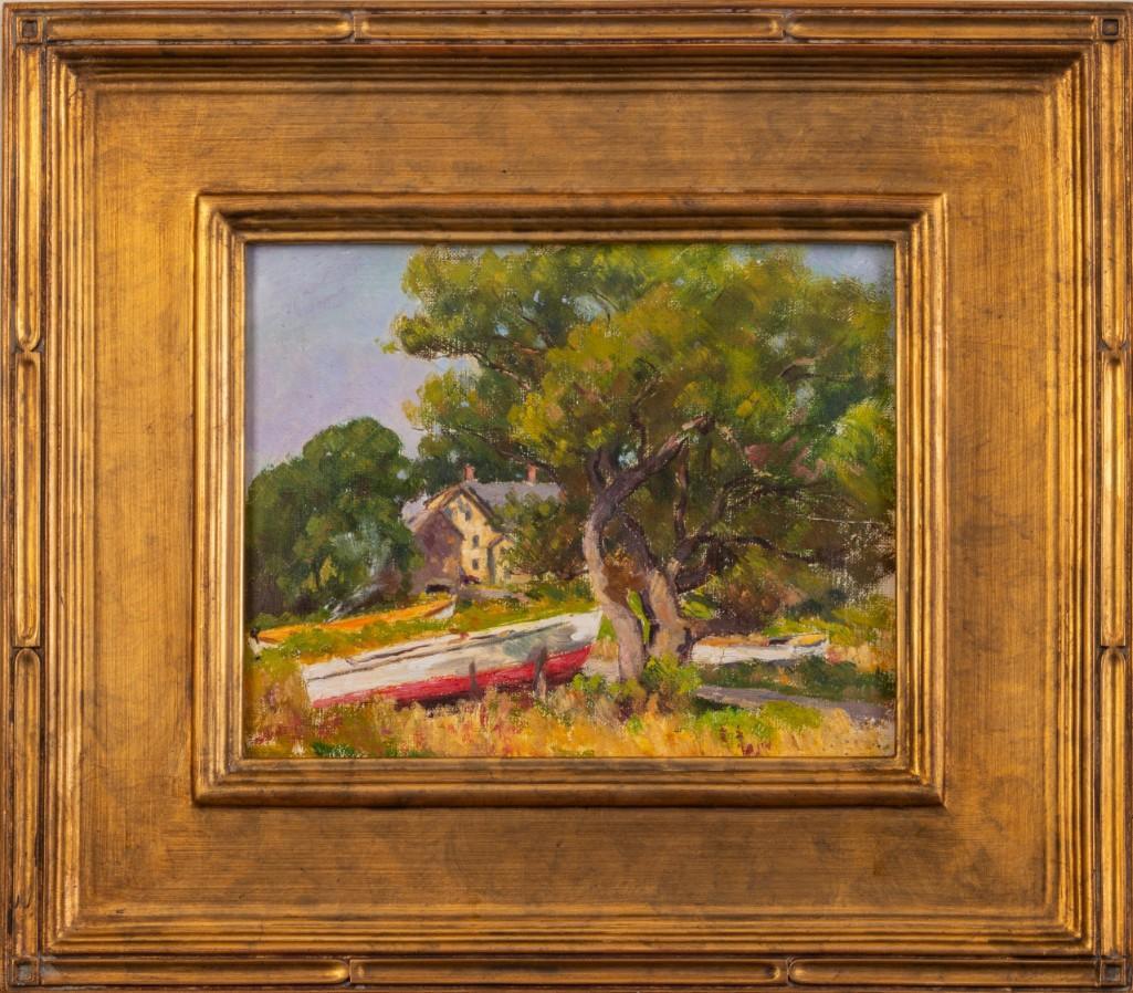 Arthur E. Ward. A Summer Day-Maine.: Oil on board, 8 x 10 inches. With label inscribed "Received from the hand of Arthur E. Ward as payment for services by Ethel Haynes Riley Dexter, owner of the West Mansfield MA rest home where he died