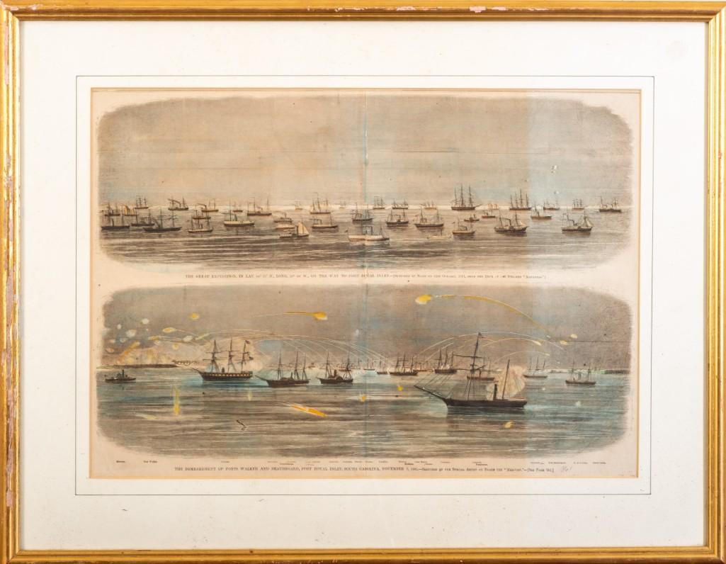 Civil War Harper's Weekly Illustration.: From the November 30, 1861 Harper's Weekly. Hand colored lithograph, 14 1/2 x 20 1/2 inches, sight. The upper image the Great Expedition on the Way to Fort Royal Inlet, the lower The Bombardment of Fo