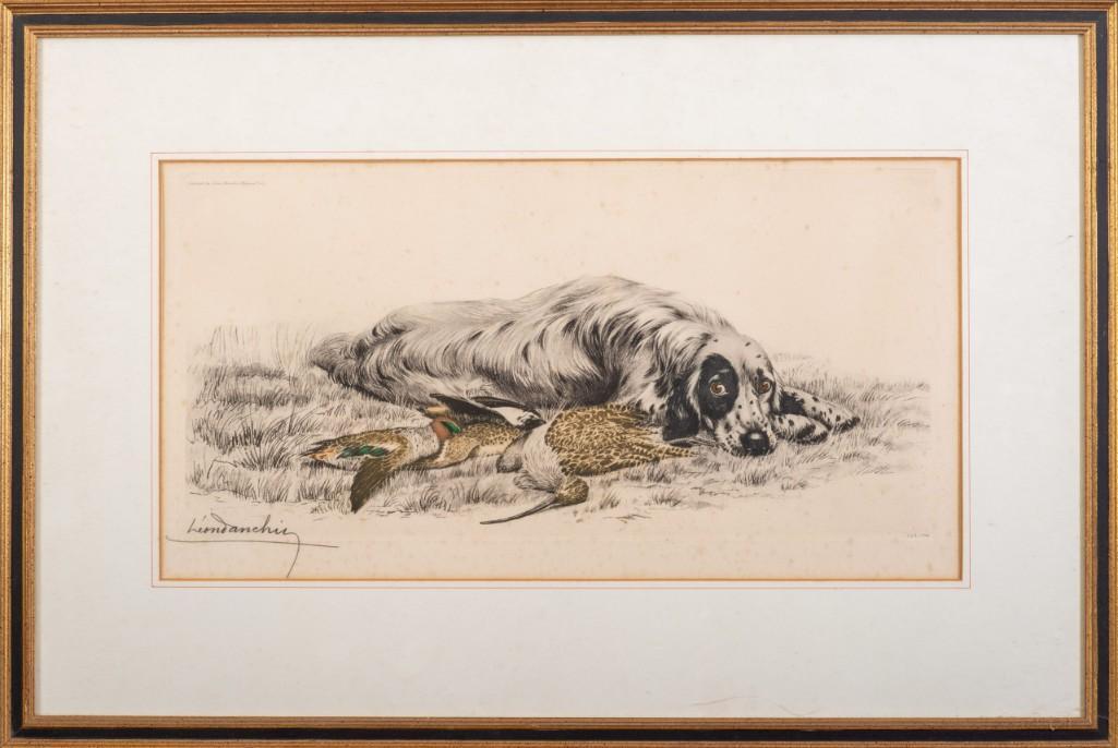 Leon Danchin. Hunting Dog.: Handcolored etching, 11 x 20 3/4 inches, sight. Pencil signed lower left and numbered 128/500