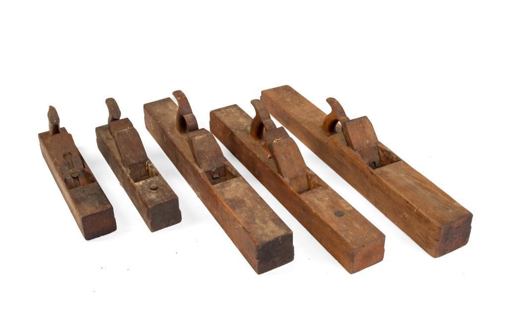 Five Wooden Block Planes.: Lengths 16 inches, 16 inches, 26 1/2 inches, 26 inches, and 30 inches.
